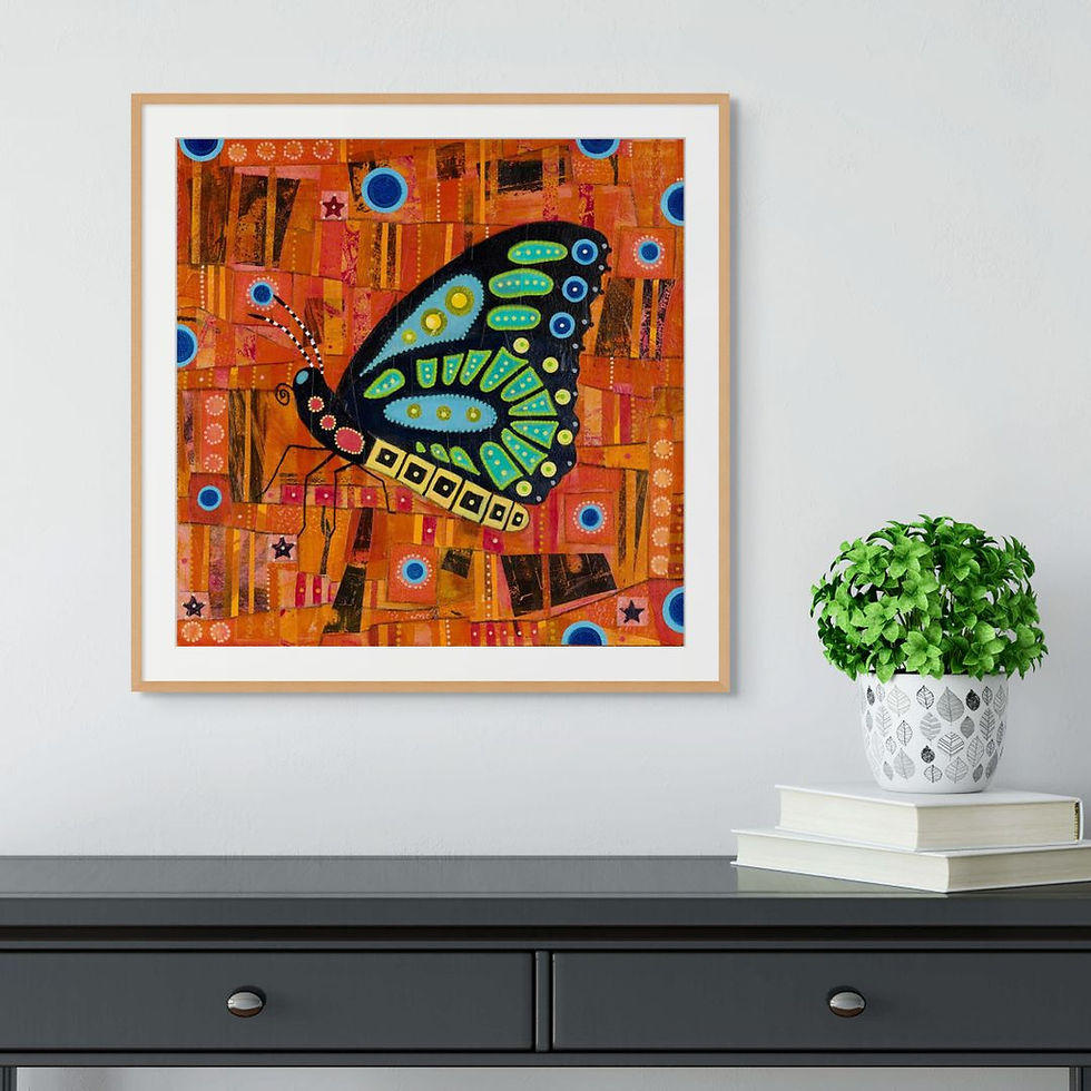 abstract butterfly painting in orange and green unframed paper art print