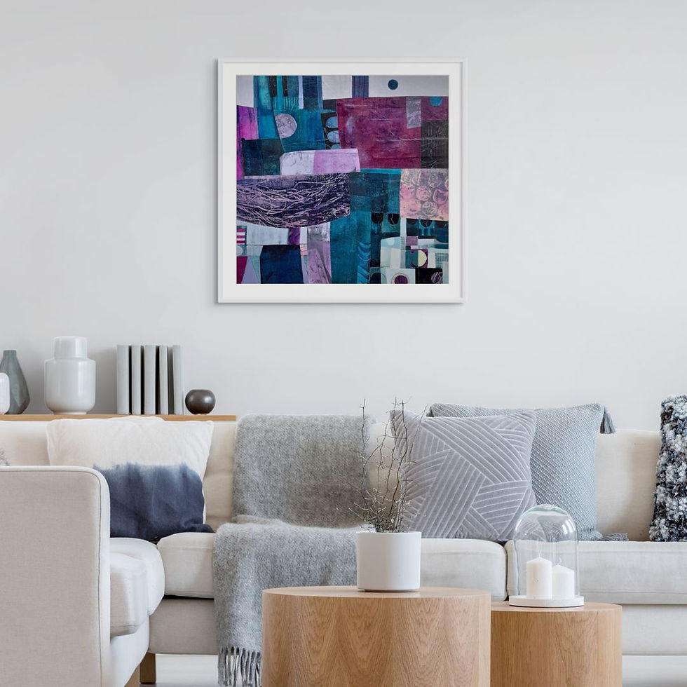 Thumbnail: abstract landscape collage painting in violet and blue framed in various styles in room scenes