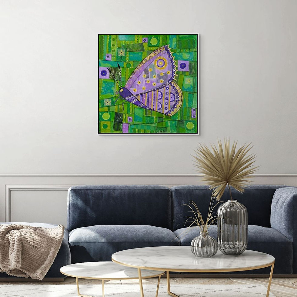Thumbnail: abstract butterfly painting in purple on a green background