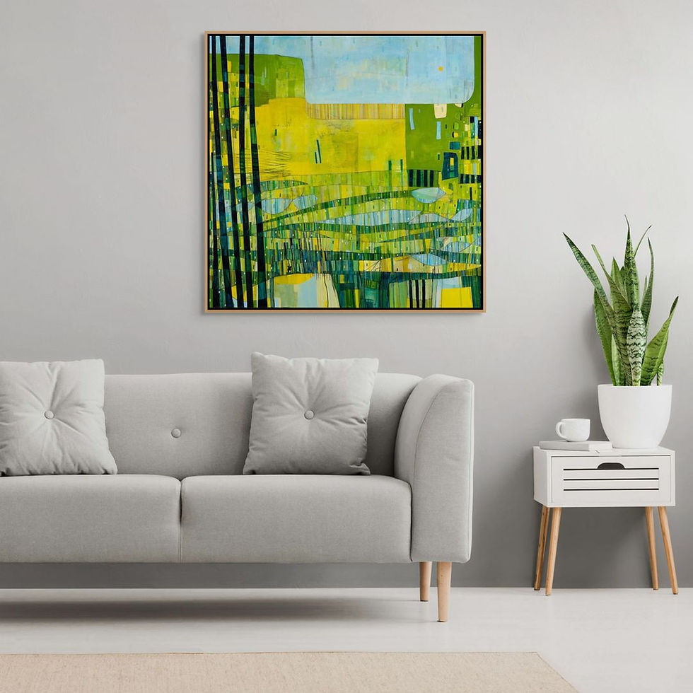 Thumbnail: abstract landscape artwork in yellow blue and green framed in room scenes