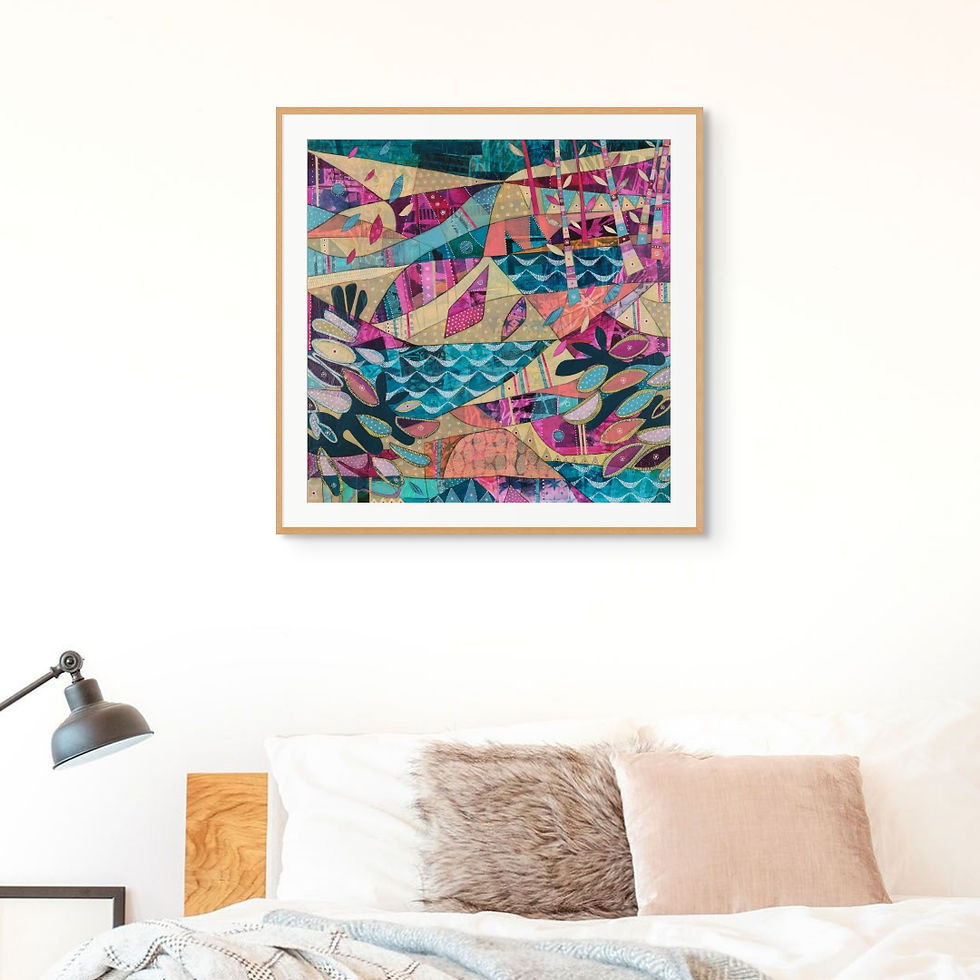 Thumbnail: Meeting Place abstract wall art print in beige, pink and blue tones, exploring the dialogue of land and sea