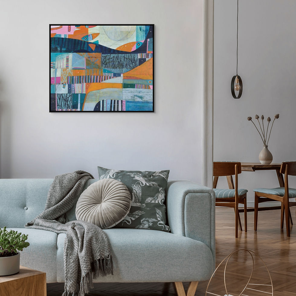 Thumbnail: abstract landscape art print on canvas in orange pink and blue framed in oak