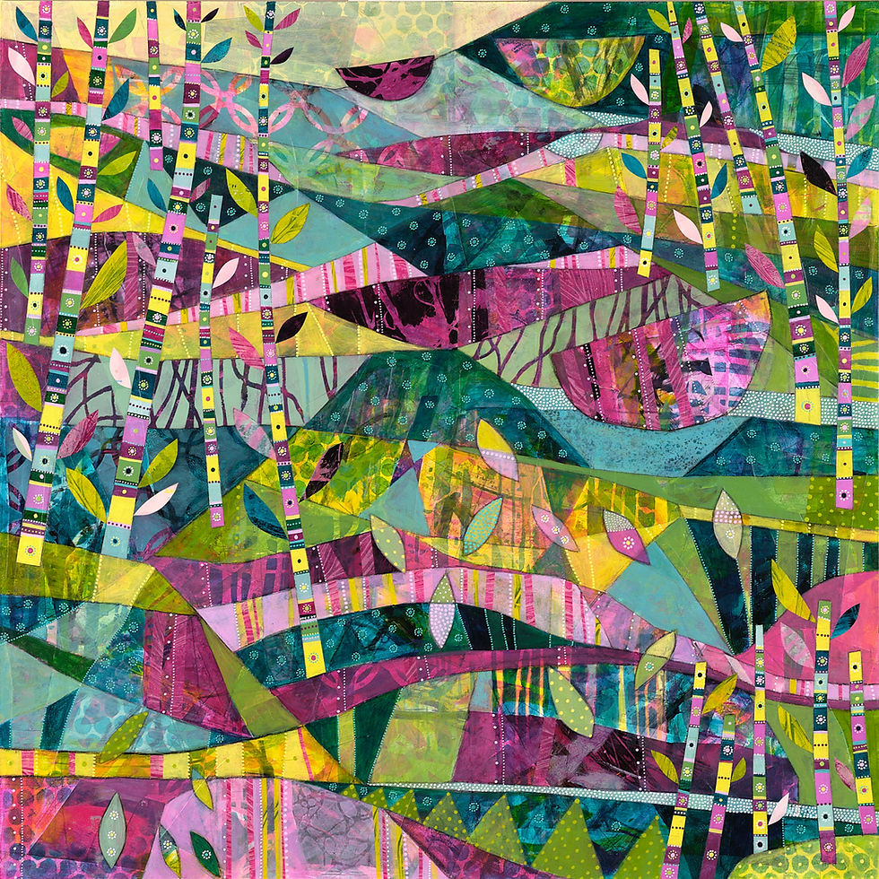 Colorful abstract collage with layered patterns, vibrant greens, pinks, and blues. Features stylized trees and leaves in mosaic style.