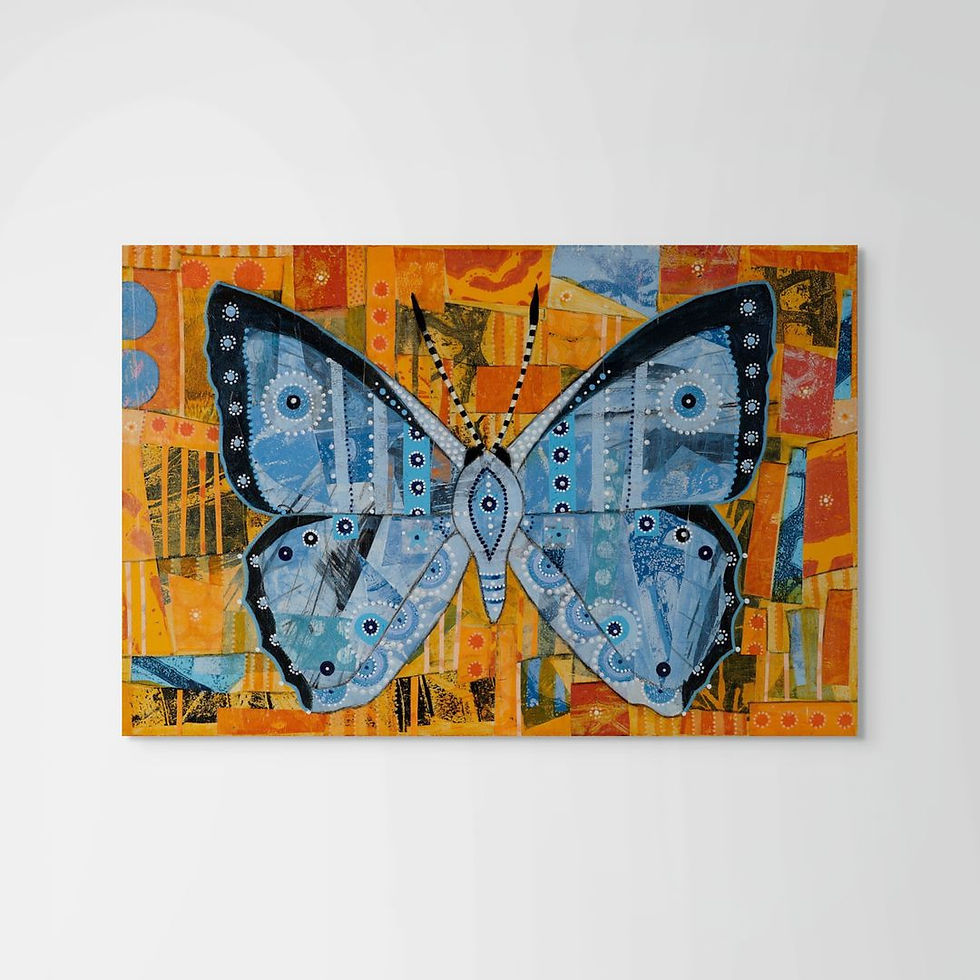 blue painted butterfly on an orange background