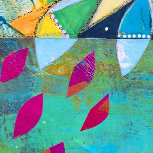 abstract painting and collage detail in pink and green