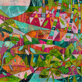 abstract landscape painting in green pink and orange.