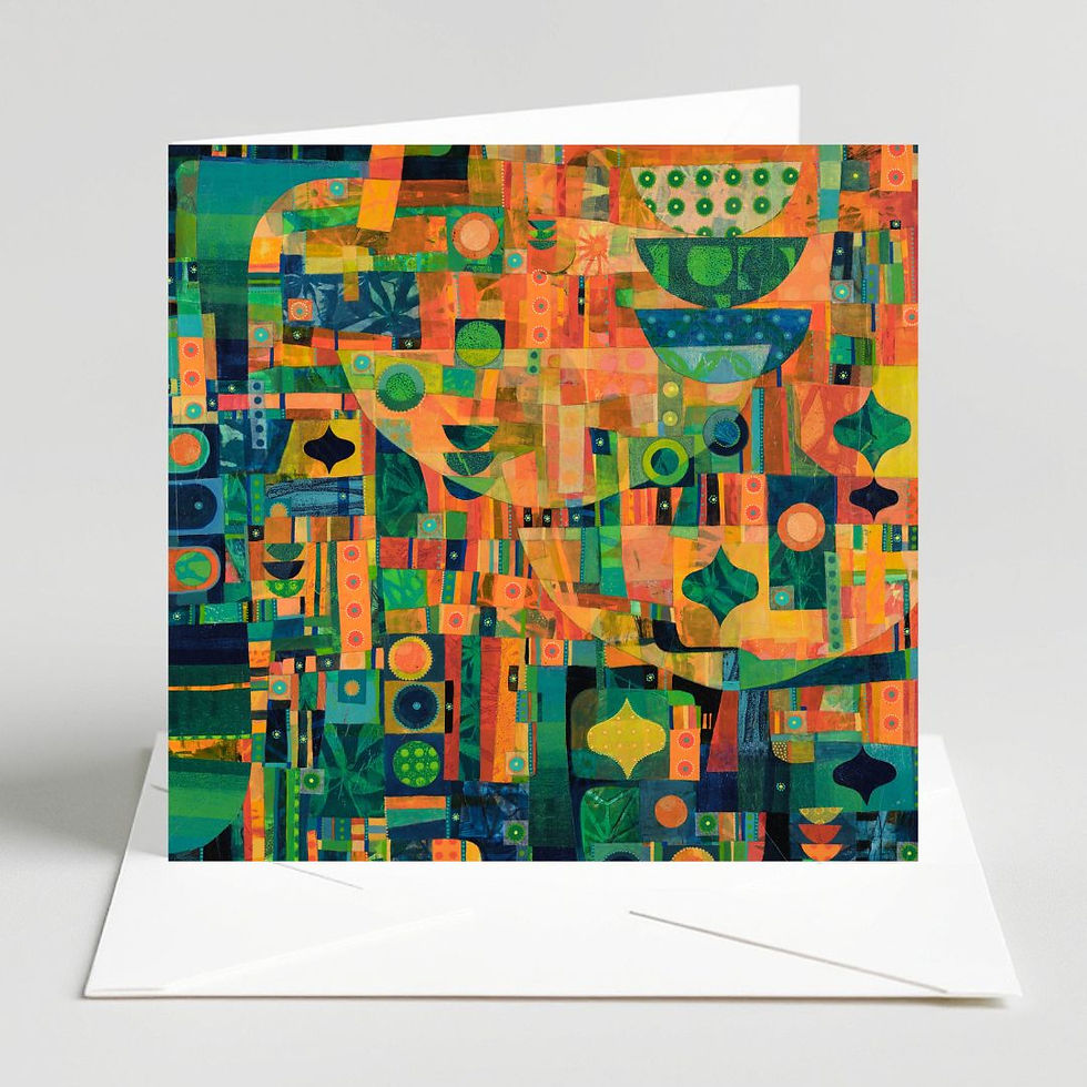abstract landscape painting on a greeting card standing up on top of a white envelope