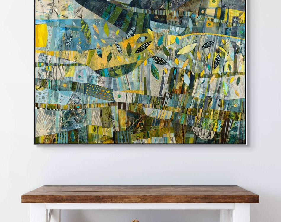 abstract landscape art print coastal inspired in earthy tones framed in room scenes