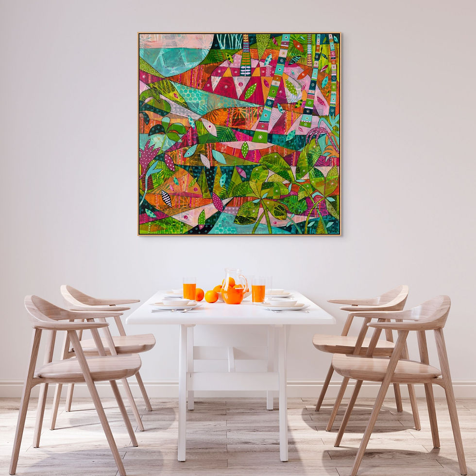 Sanctuary abstract wall art print in orange and green tones, inspired by Far North Queensland rainforests