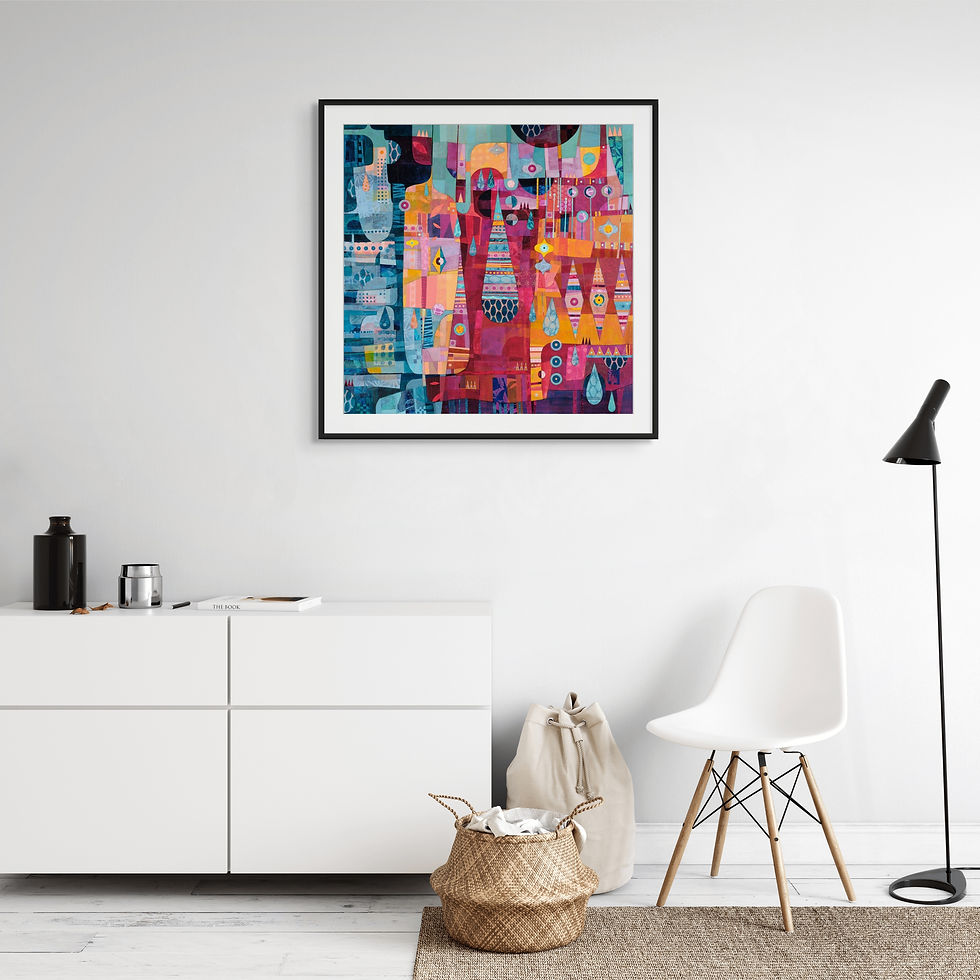 Thumbnail: Time to Dance abstract wall art print in orange, red and blue tones, radiating rhythm and joy