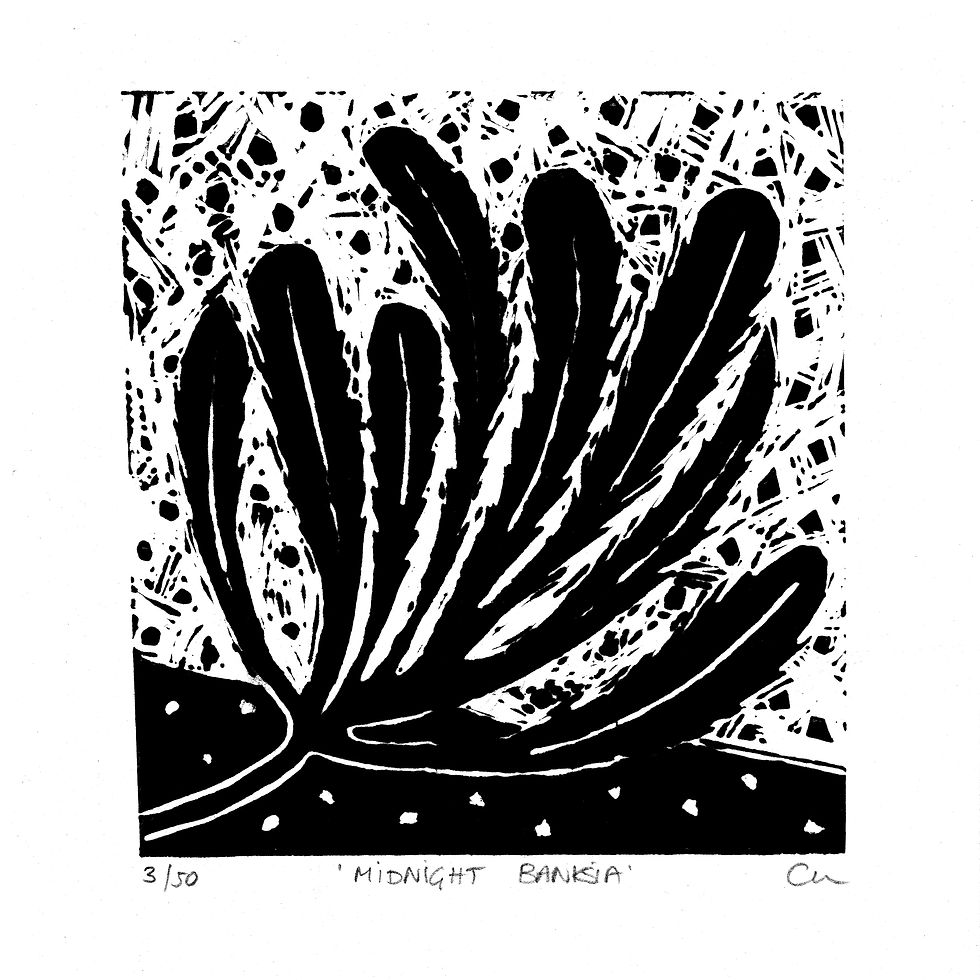 Thumbnail: abstract botanical banksia leaf lino print in black and white