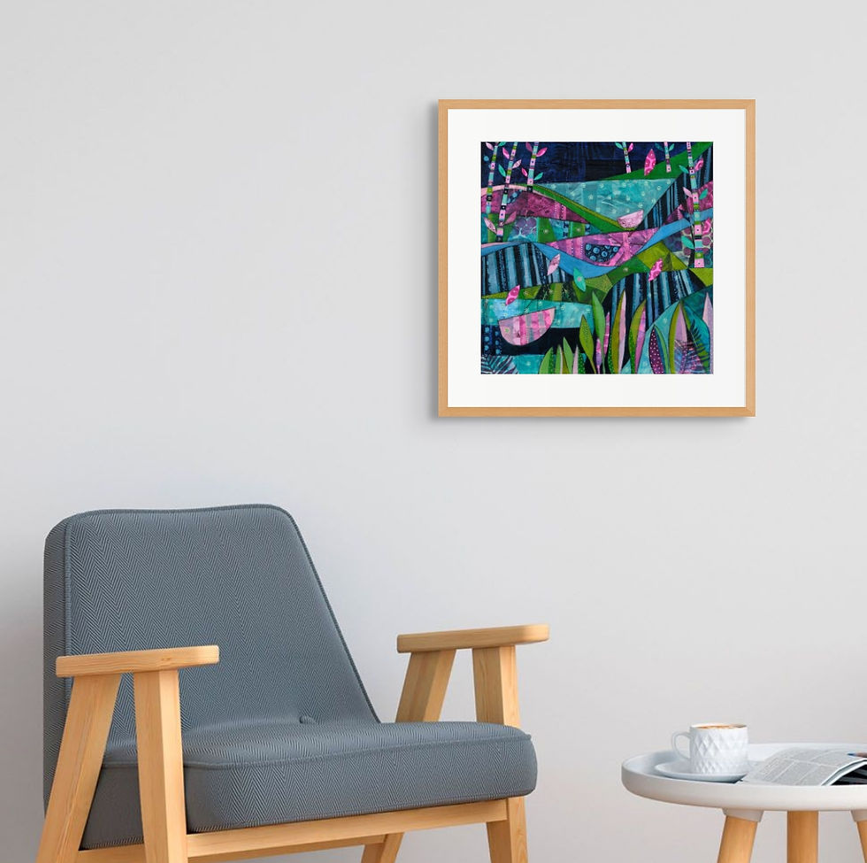 Thumbnail: Mountain Secrets abstract wall art print in pink and blue tones, evoking endurance and quiet strength