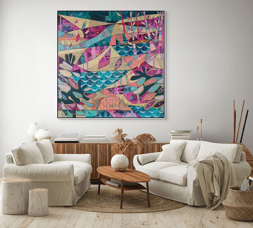Thumbnail: Meeting Place abstract wall art print in beige, pink and blue tones, exploring the dialogue of land and sea