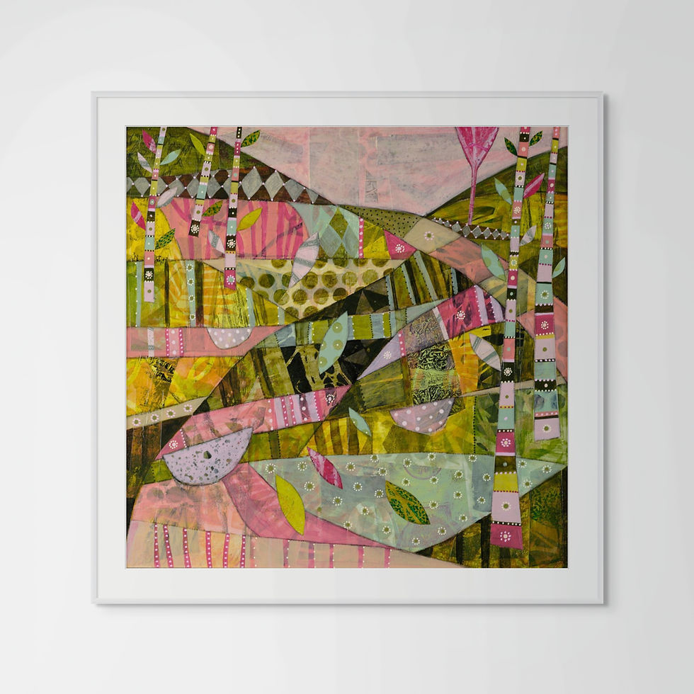 Thumbnail: The Grasshopper abstract wall art print in green and pink tones, inspired by English country lanes