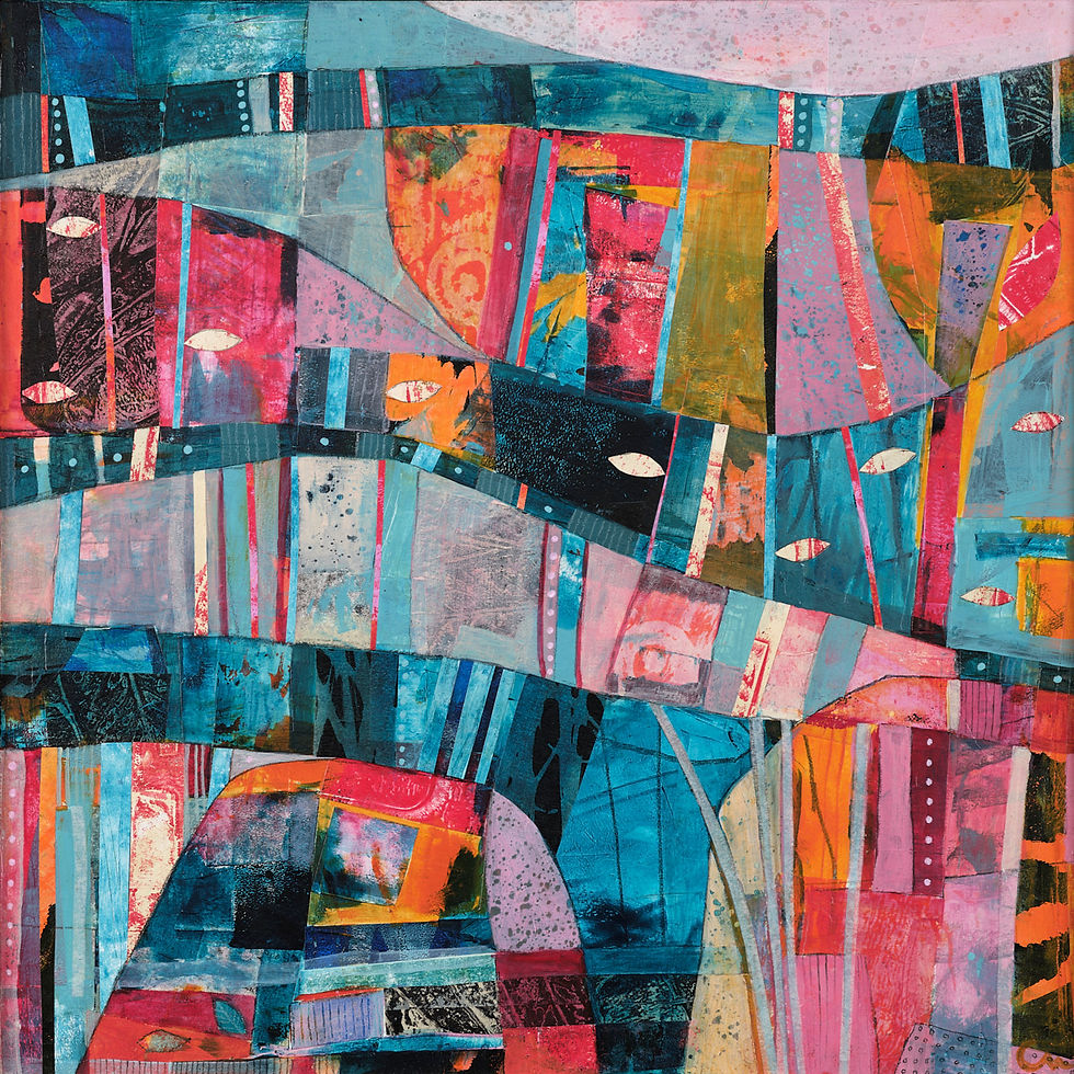 Abstract art with vibrant blocks of pink, blue, and orange hues. Fish-like shapes float amid curved lines, creating a dynamic, energetic scene.