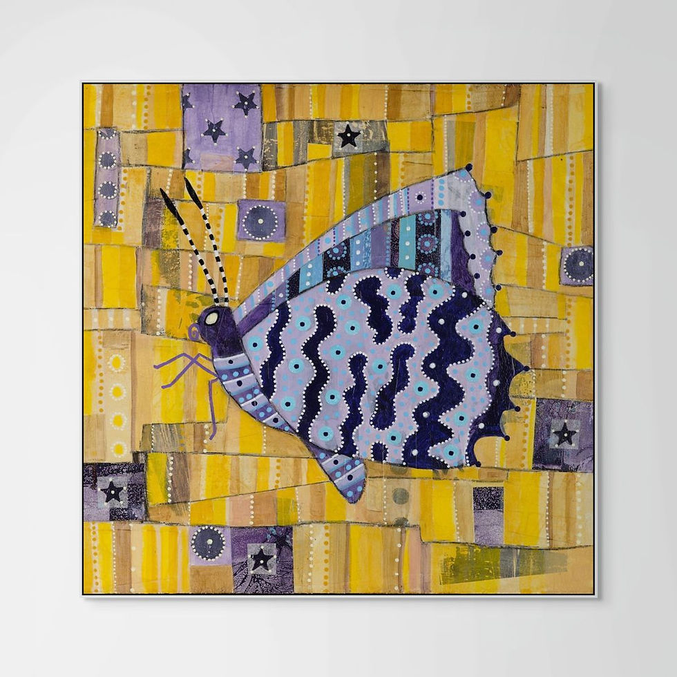 Thumbnail: abstract butterfly in lilac on a yellow background framed in black white or oak