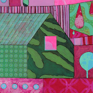 green feild barn with leaf design pattern in a red background