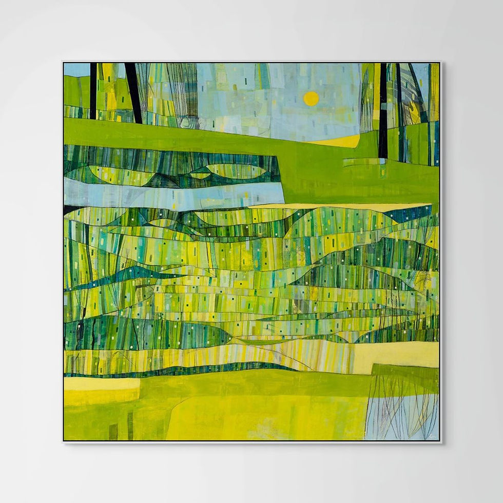 Thumbnail: abstract landscape painting in green and yellow stretched canvas print in room scenes