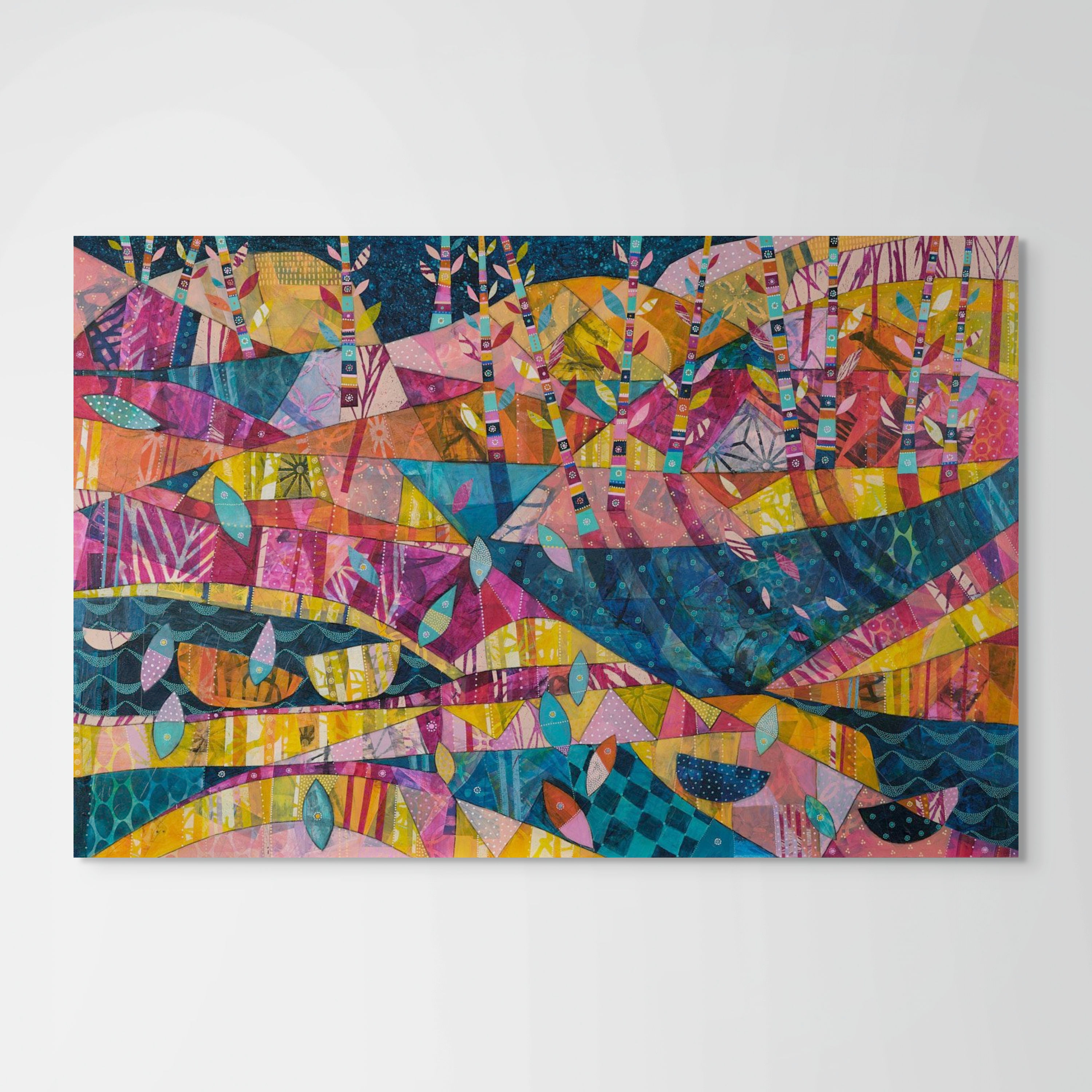 abstract landscape painting in pink yellow and blue in room settings