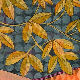 yellow corkwood tree leaves over a grey large spotted background
