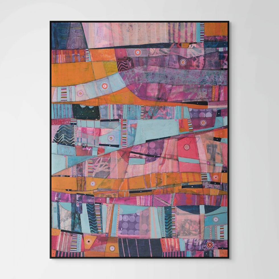Thumbnail: aabstract landscape art print on canvas in blue orange and violet framed in oak