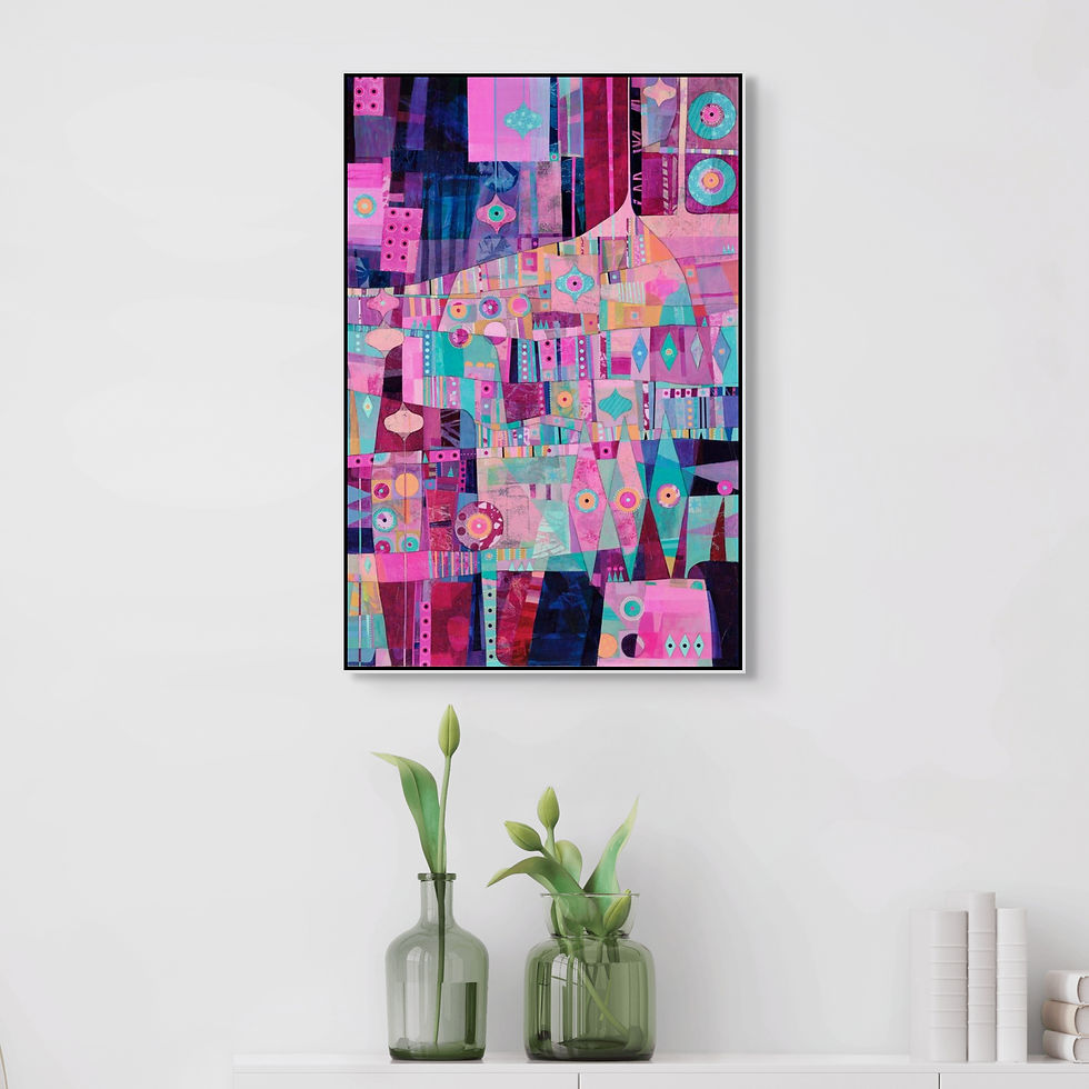 Thumbnail: abstract shapes colourful wall art in pink and purple framed in a white wall