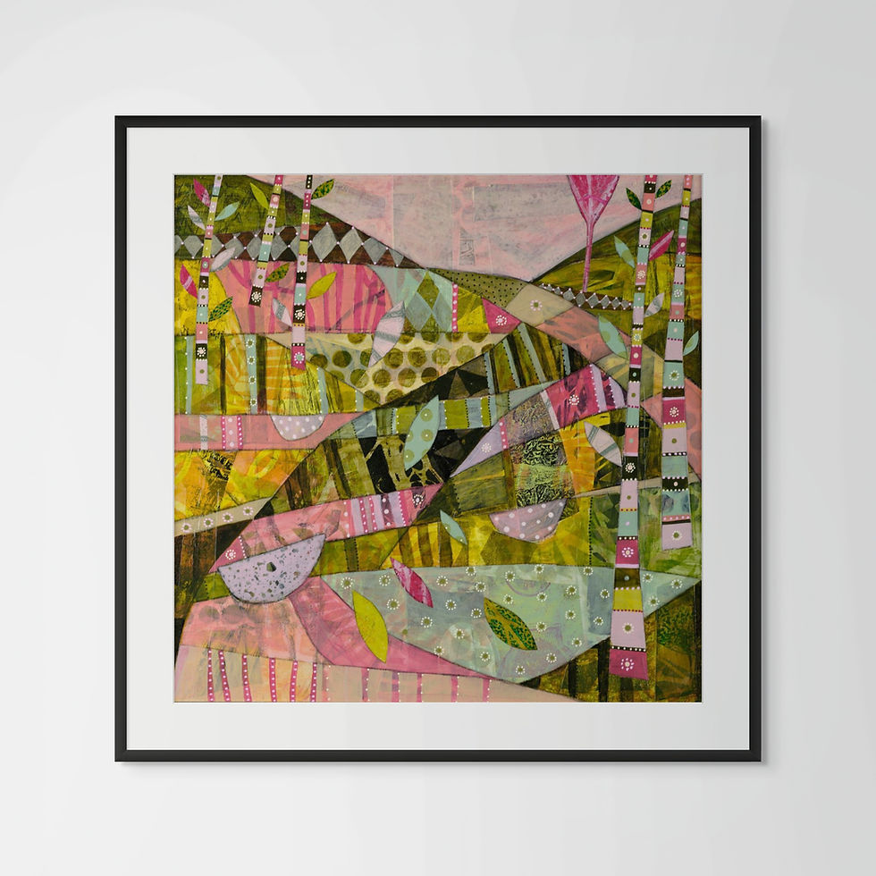 Thumbnail: The Grasshopper abstract wall art print in green and pink tones, inspired by English country lanes