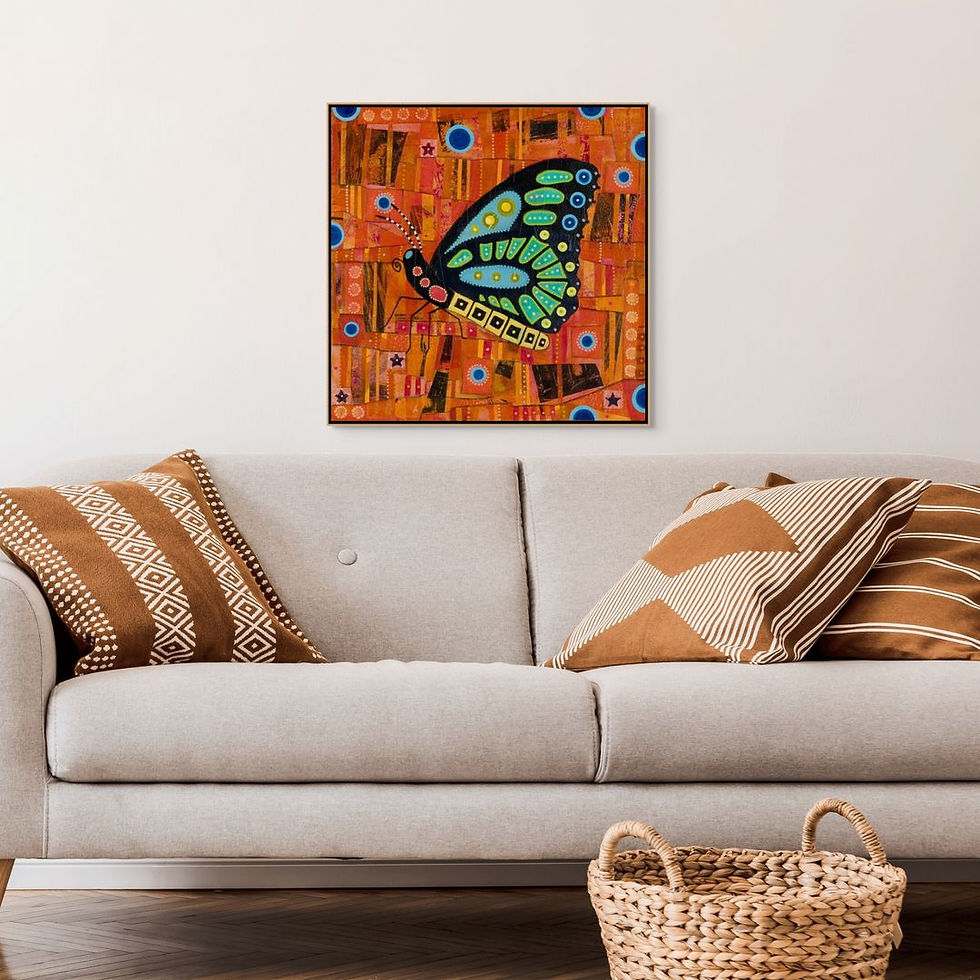Thumbnail: abstract butterfly painting in green and orange framed in black oak or white