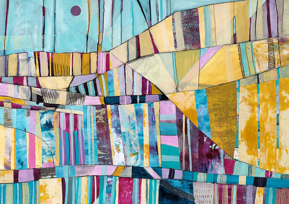 Abstract painting with vibrant vertical stripes in blues, yellows, pinks, and purples. Geometric patterns create a dynamic, lively mood.