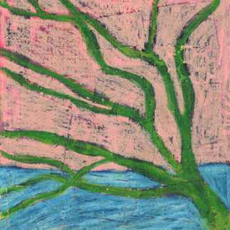 abstract tree shapes drawing in green against a pink sky artistic