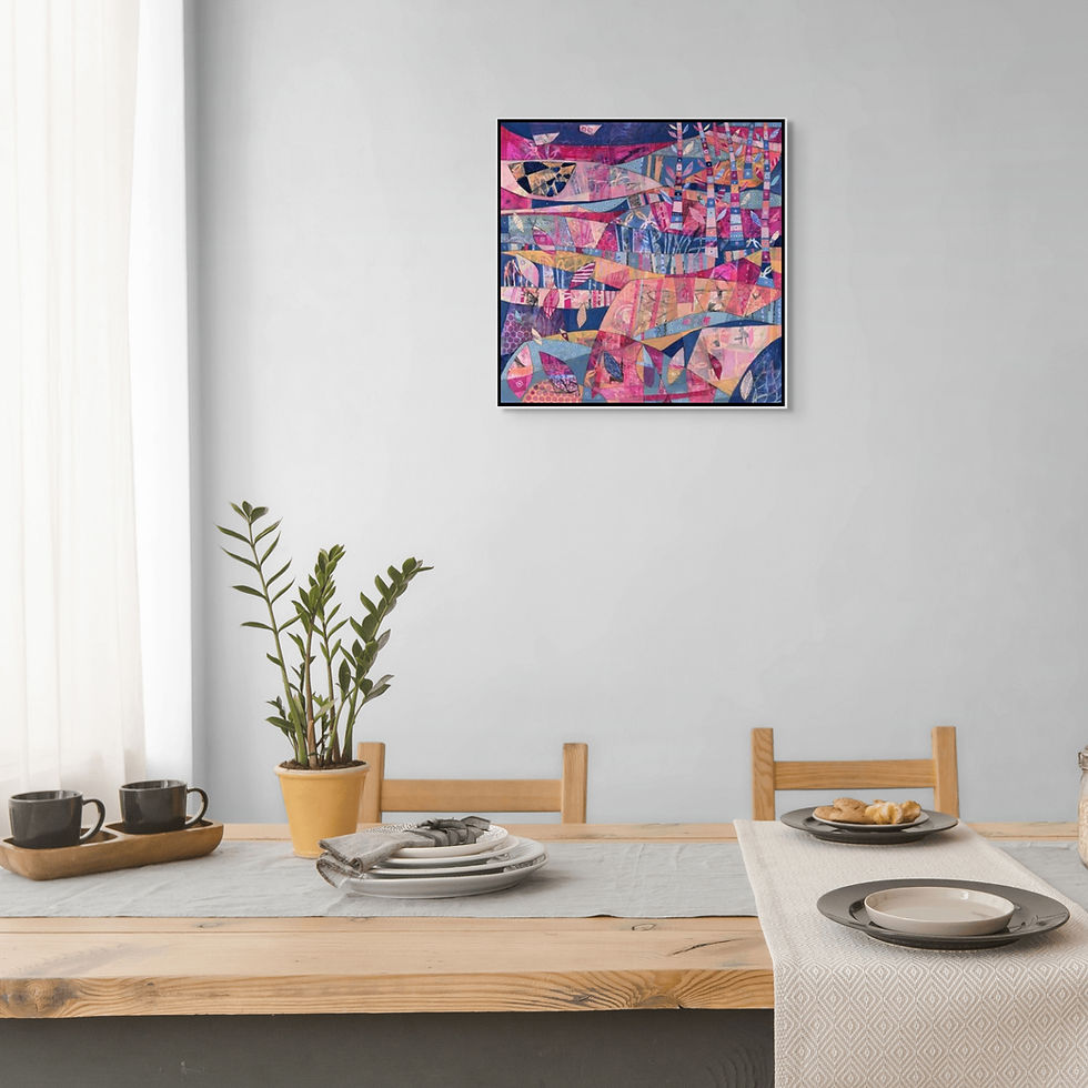 Thumbnail: abstract dreamscape landscape in pink and lilac and blue framed in oak white or black on a wall in a room