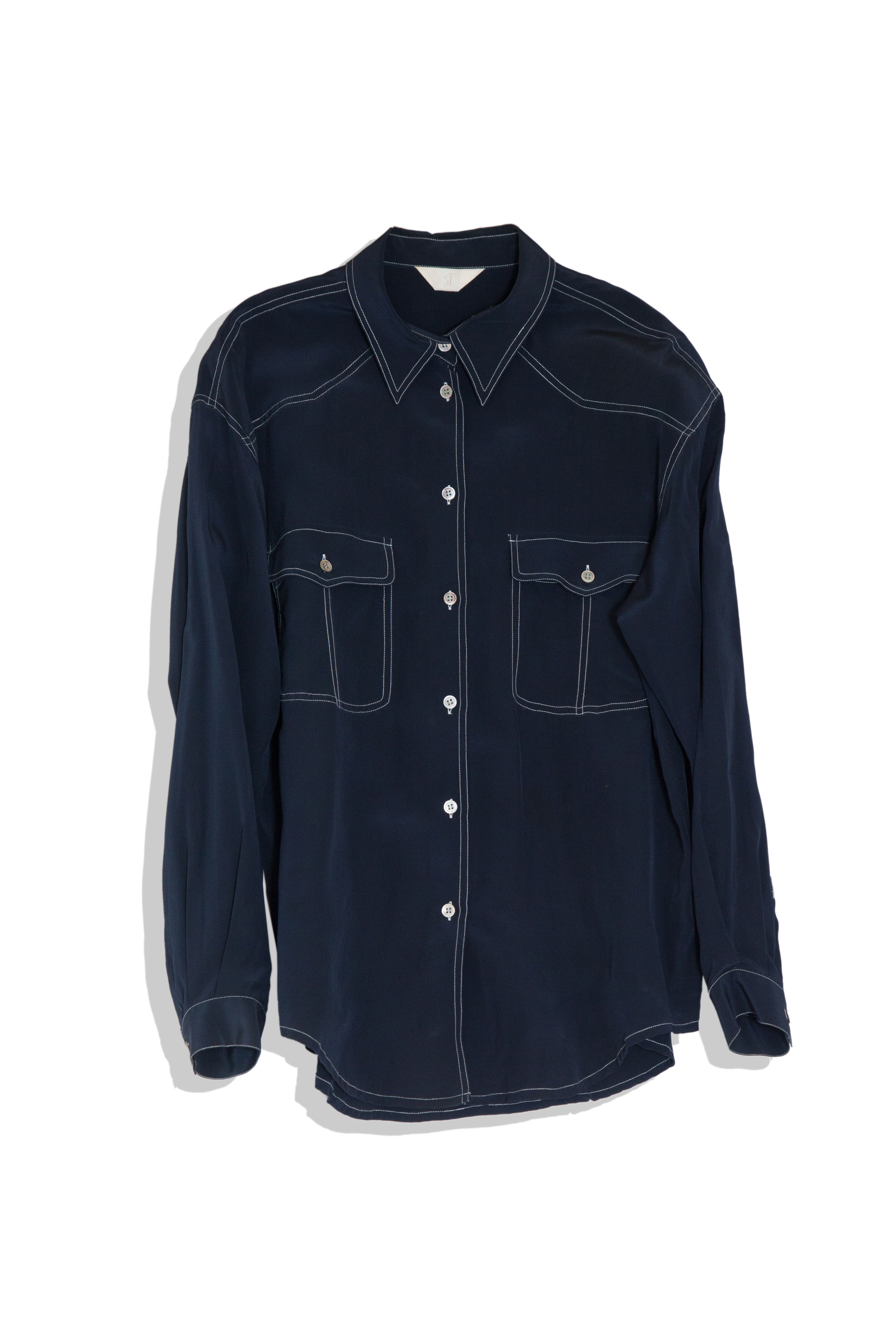 thin navy shirts with white stitch