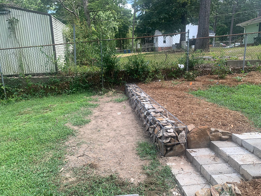 CMU stair and gabion wall