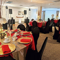 Gestion technique, audiovisuelle, gestion d'artistes, décoration et cabine photo pour la soirée gala d'Abbott au Château Bromont. Décoration aux couleurs rouge et or.