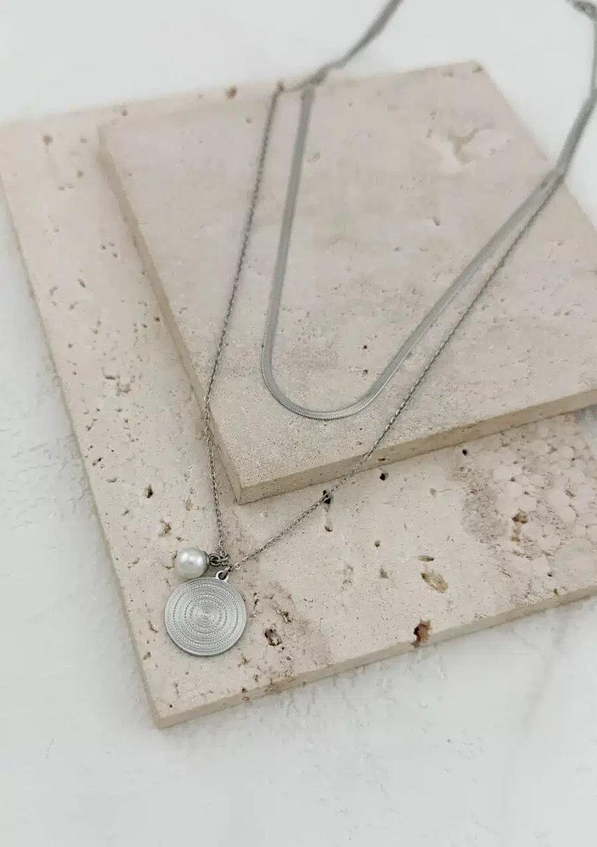 Κολιέ ατσάλι layered με νόμισμα και πέρλα