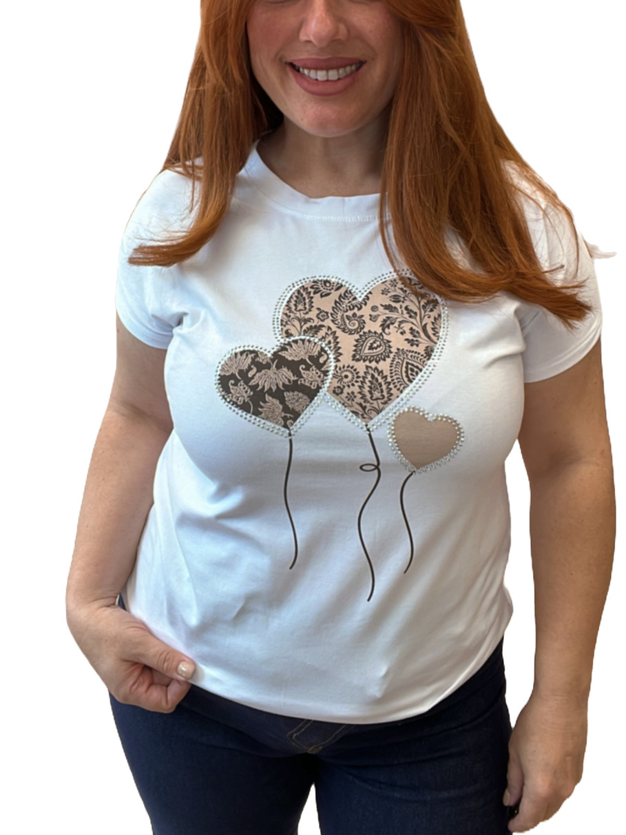 Λευκό t shirt γυναικείο με καρδιές και strass