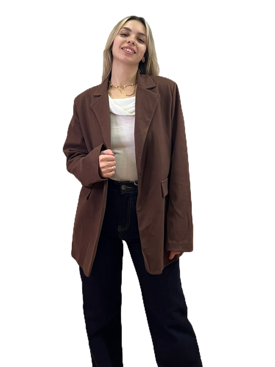 Σακάκι oversized σοκολατί με διακοσμητικές τσέπες και φόδρα
