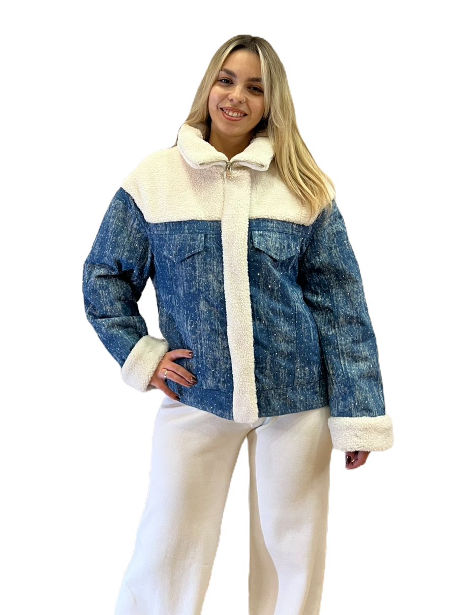 Μπουφάν μάλλινη υφή με στρας και επένδυση shearling