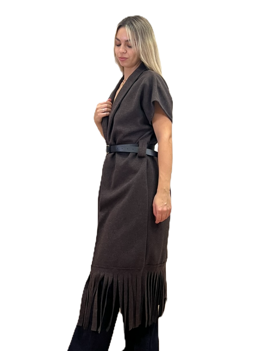 Ζακέτα μακριά με κρόσσια καφέ και ζώνη