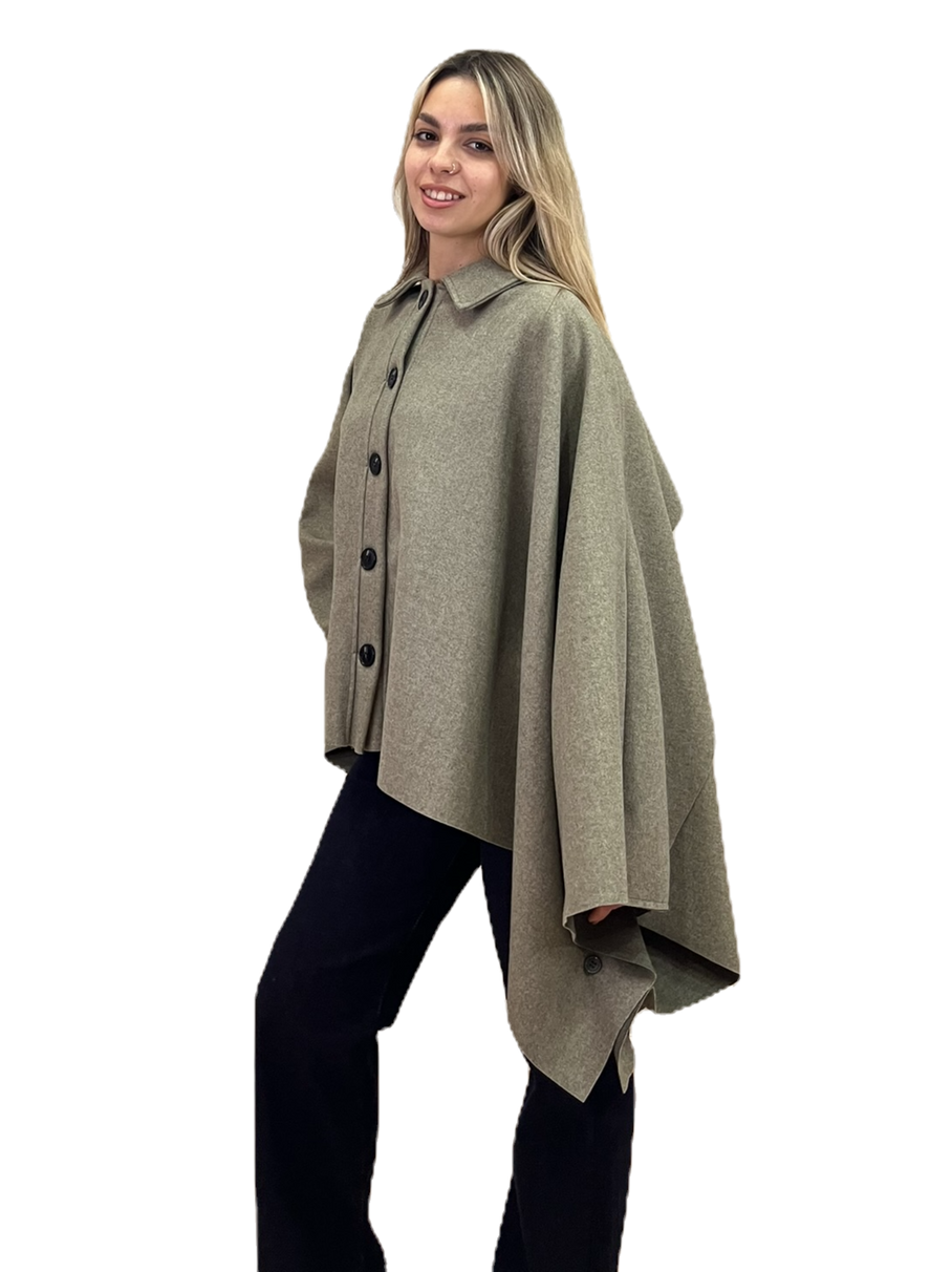 Πόντσο μάλλινη υφή χακί με κουμπιά