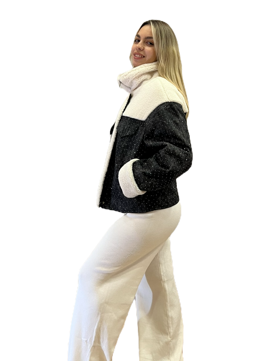 Μπουφάν μάλλινη υφή με στρας και επένδυση shearling