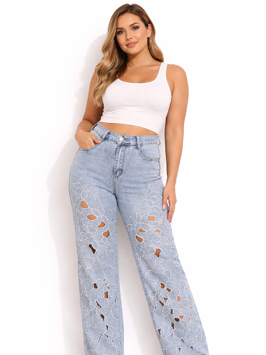 Γυναικείο τζιν παντελόνι με floral σχέδιο