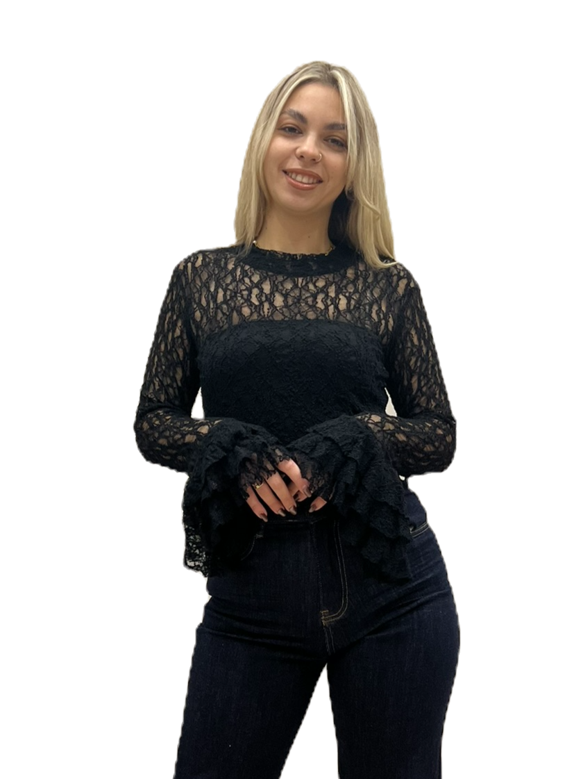 Μπλούζα δαντέλα μαύρη με βολάν στα μανίκια
