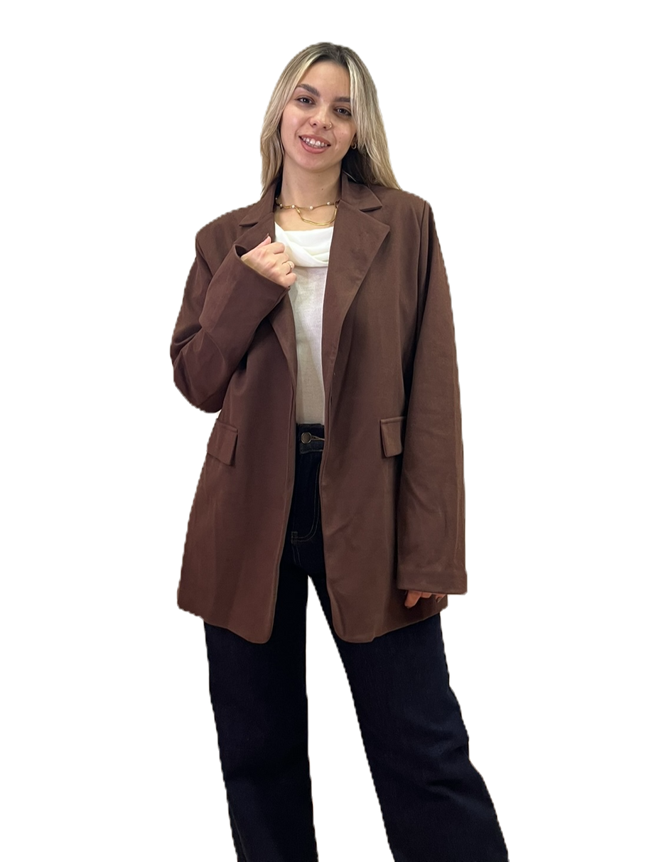 Σακάκι oversized σοκολατί με διακοσμητικές τσέπες και φόδρα
