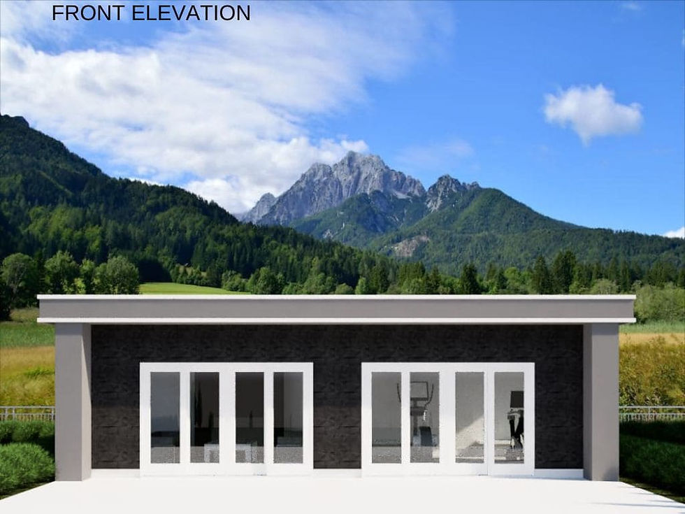 "Image of a pool house with a contemporary design, showcasing a flat roof and a swimming pool in the foreground."