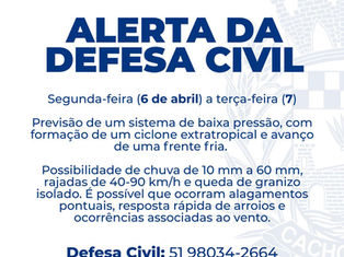 Alerta da Defesa Civil: ciclone extratropical pode trazer chuva forte, vento e granizo entre segunda e terça-feira**