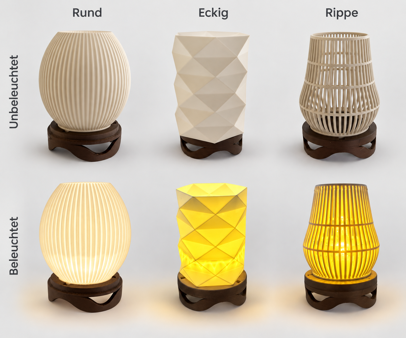 LED-Teelichtlampe Varianten mit dunklem Fuß – Rund, Eckig und Rippe, unbeleuchtet und beleuchtet