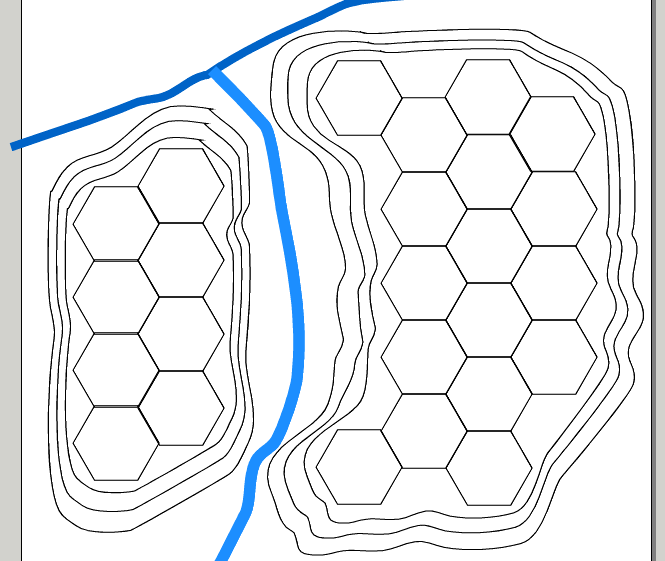 Cut levels under hex grid hill shapes content media