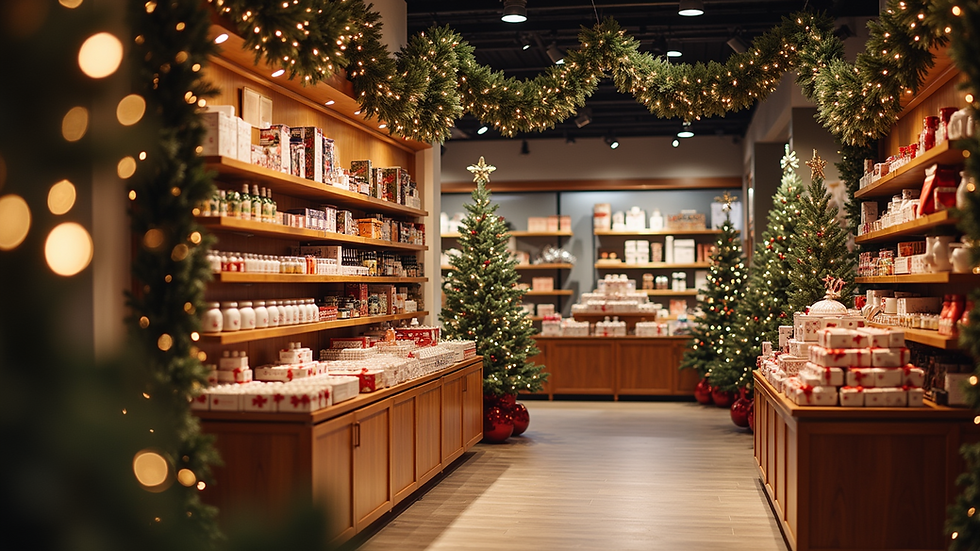 Eye-level view of a festive retail display with holiday decorations