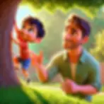 Dad encouraging his son climbing a tree 